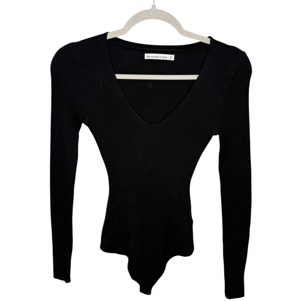 ABERCROMBIE AND FITCH Black Long Sleeve Ribbed V Neck Bodysuit Size XS